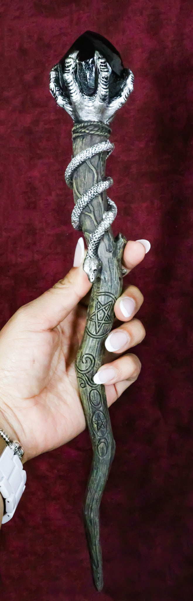 Silver Skeletal Hands Black Magic Stone Cosplay Wand 13" Accessory Costume Prop