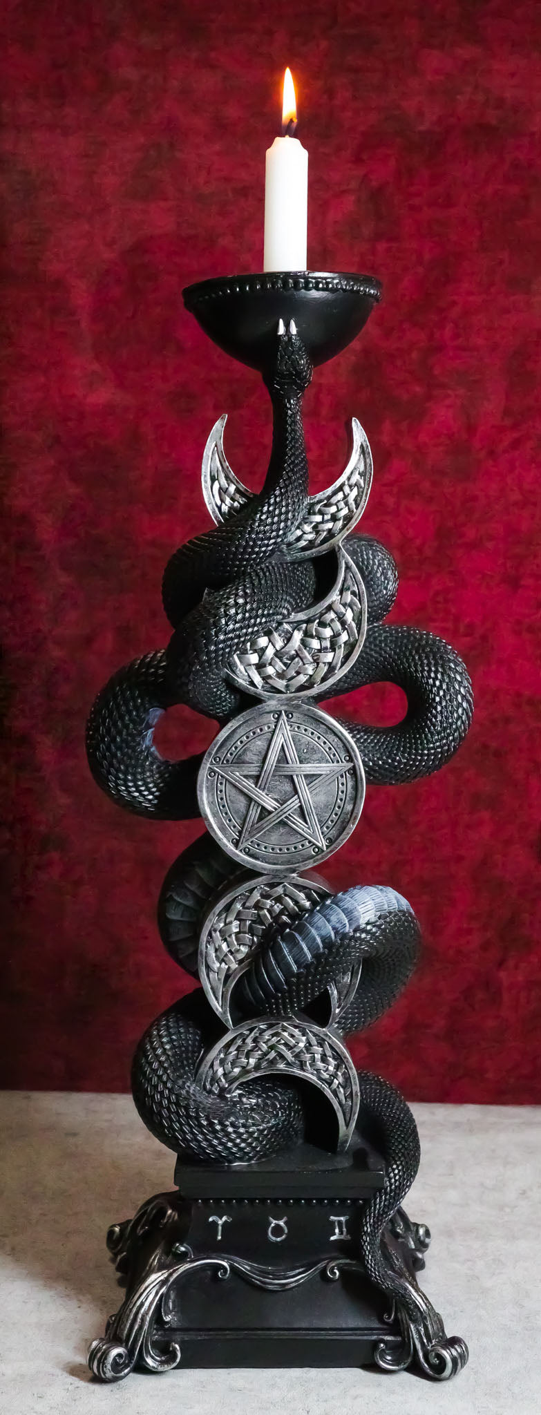 Wicca Triple Moon Pentagram Insignia Black Viper Snake Taper Candle Holder Decor