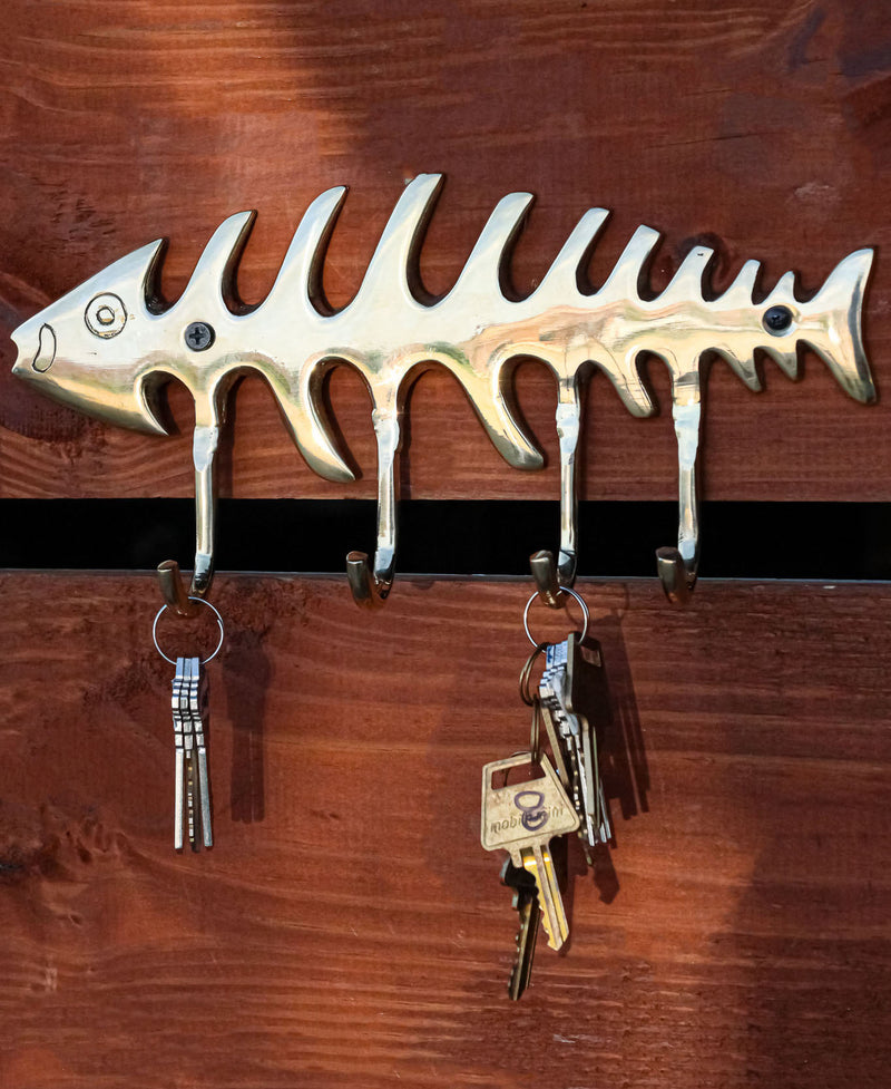 Brass Metal Golden Fishbone Fish Bone Marine Coastal 4 Peg Wall Hooks – Ebros Gift