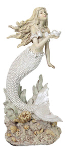 Large Vintage Sea Goddess Mermaid Holding Sconce Standing By Coral Reef Statue