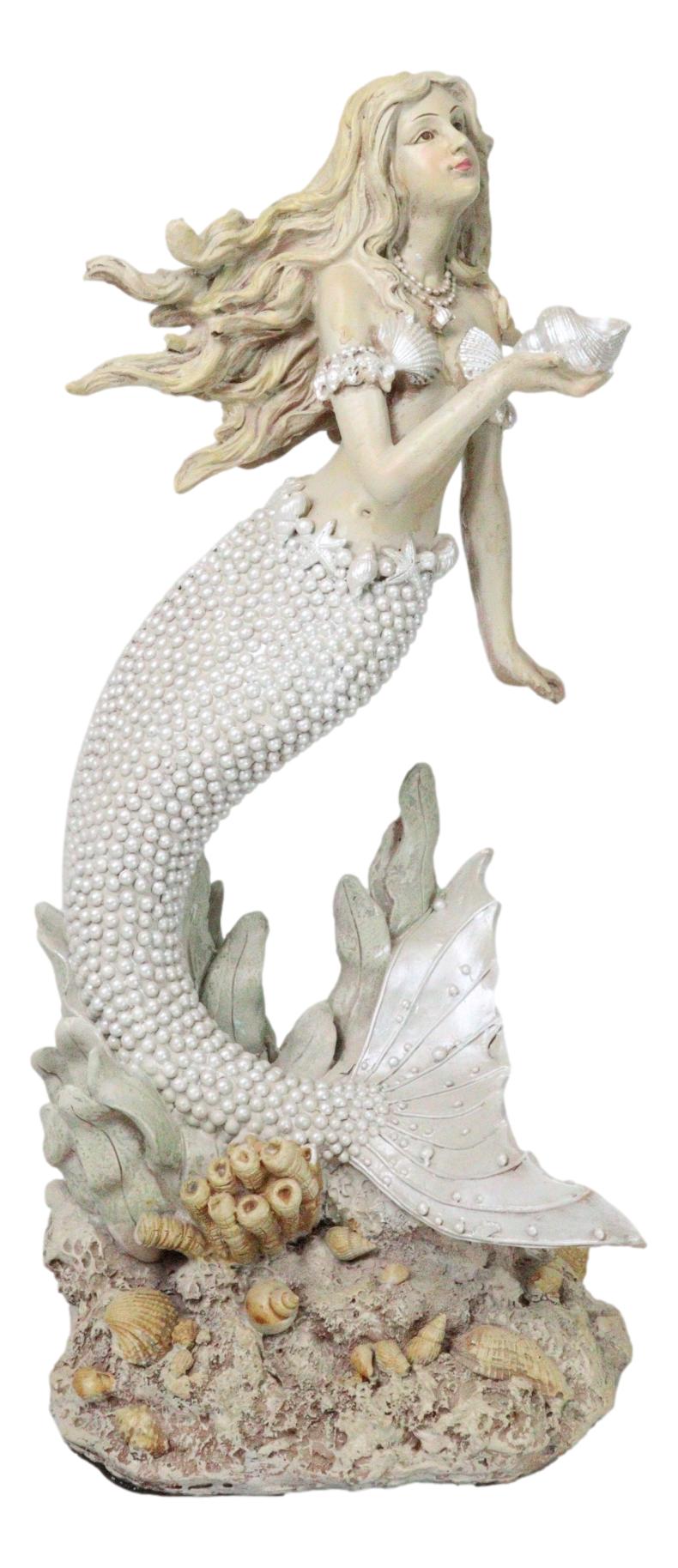 Large Vintage Sea Goddess Mermaid Holding Sconce Standing By Coral Reef Statue