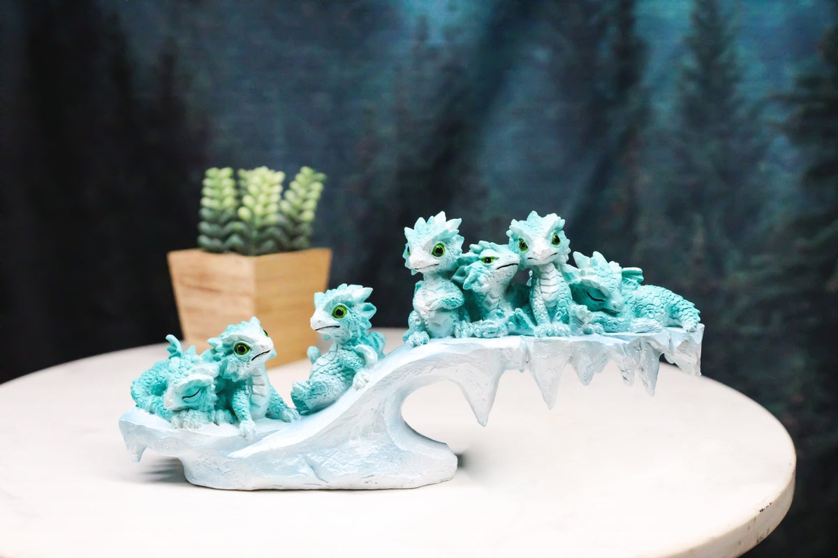 Winter Wonderland Ice Blue Baby Dragons On Frozen Bridge Glacier Rock Figurine
