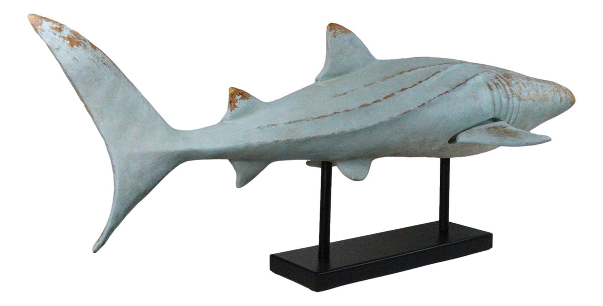 Large Nautical Marine Whale Shark Faux Wood Sculpture On Black Stand 37" Long