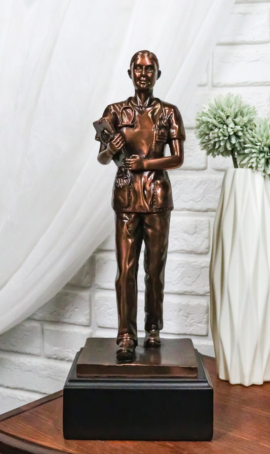 Medical Professional Physician Female Nurse Doctor Bronzed Resin Statue W/ Base - Ebros Gift