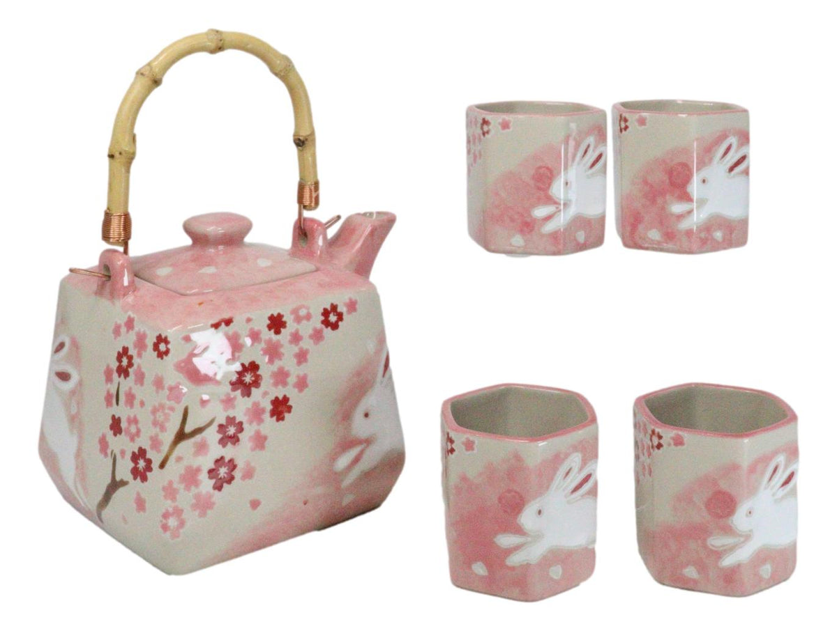 Pink Sakura Cherry Blossoms With Rabbit Hexagonal Teapot With 4 Tea Cups Set