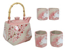 Pink Sakura Cherry Blossoms With Rabbit Hexagonal Teapot With 4 Tea Cups Set