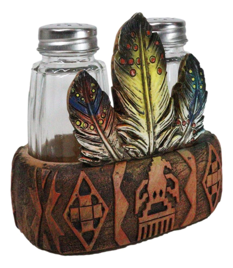 Southwestern Native American Indian Eagle Feathers Glass Salt Pepper Shakers Set
