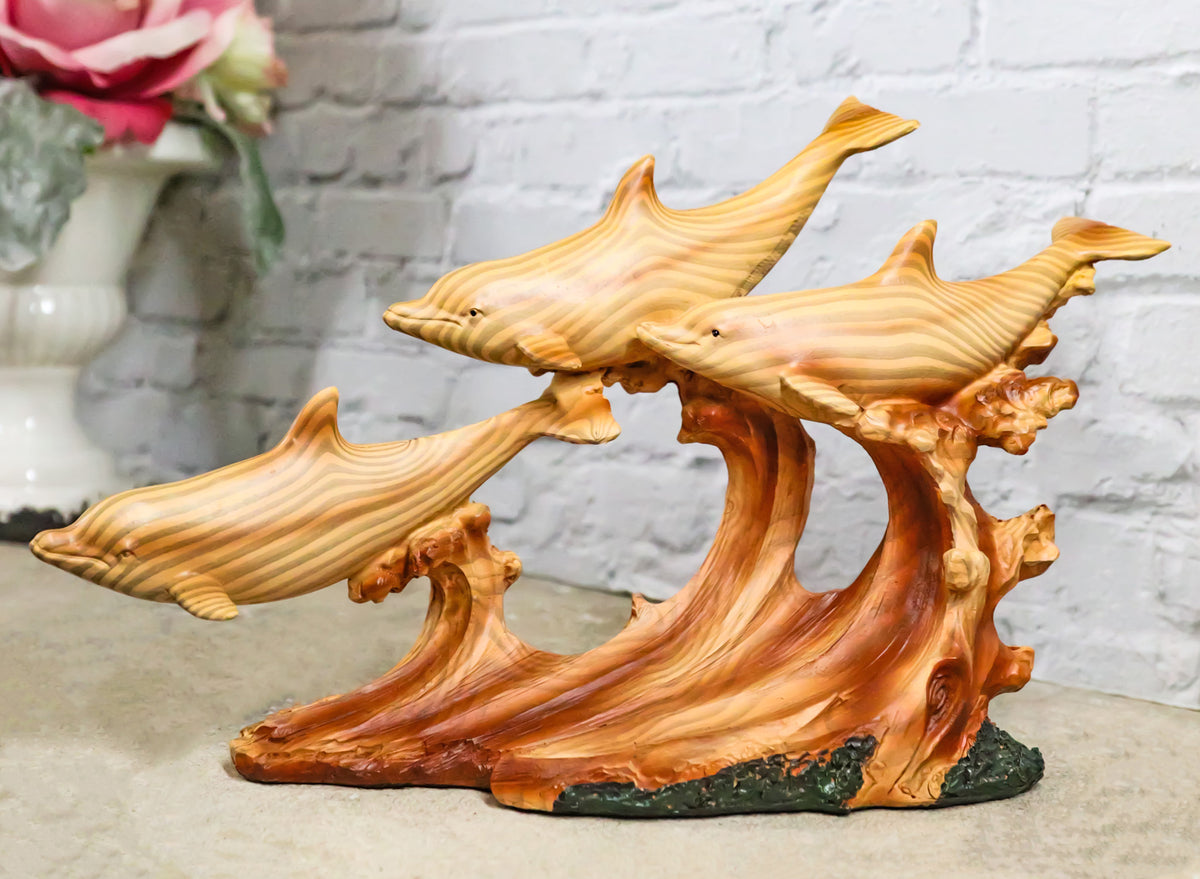 Nautical Marine Sea Ocean 3 Dolphins Swimming With Waves Faux Wood Figurine