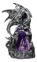 Silver Gothic Dragon On Oversized Skull with Faux Geode Crystal LED Figurine