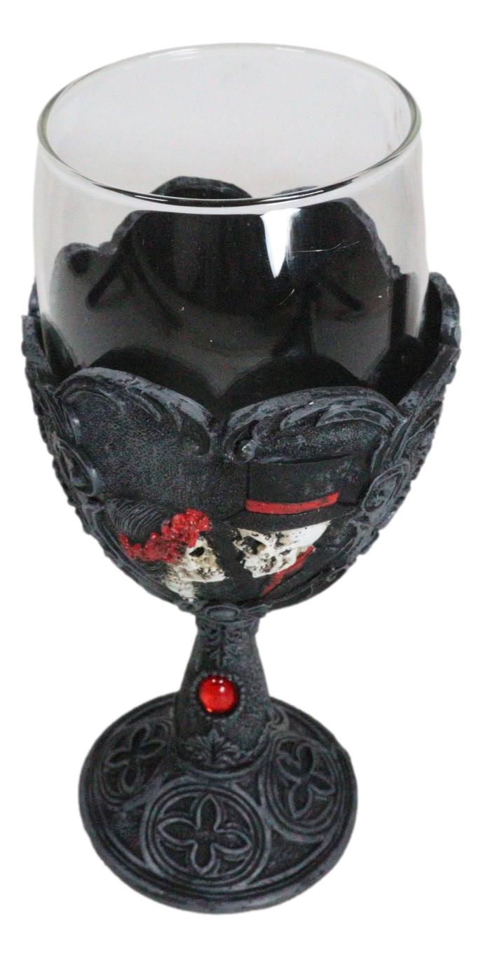Love Never Dies Wedding Bride Groom Skulls Scrollwork Wine Glass Chalice Goblet
