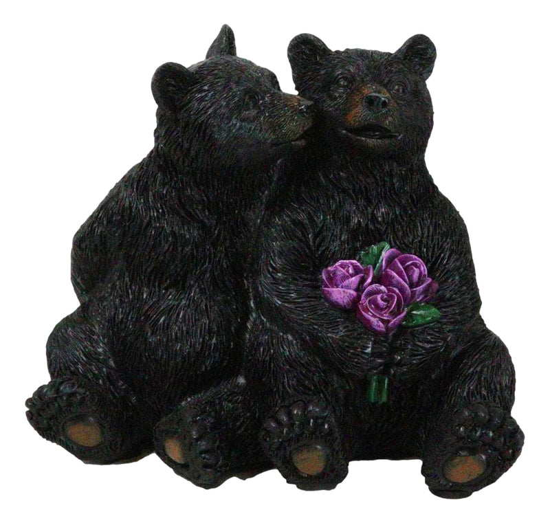 Rustic Forest Whimsical Cuddling Black Bear Couple with Flower Bouquet Figurine