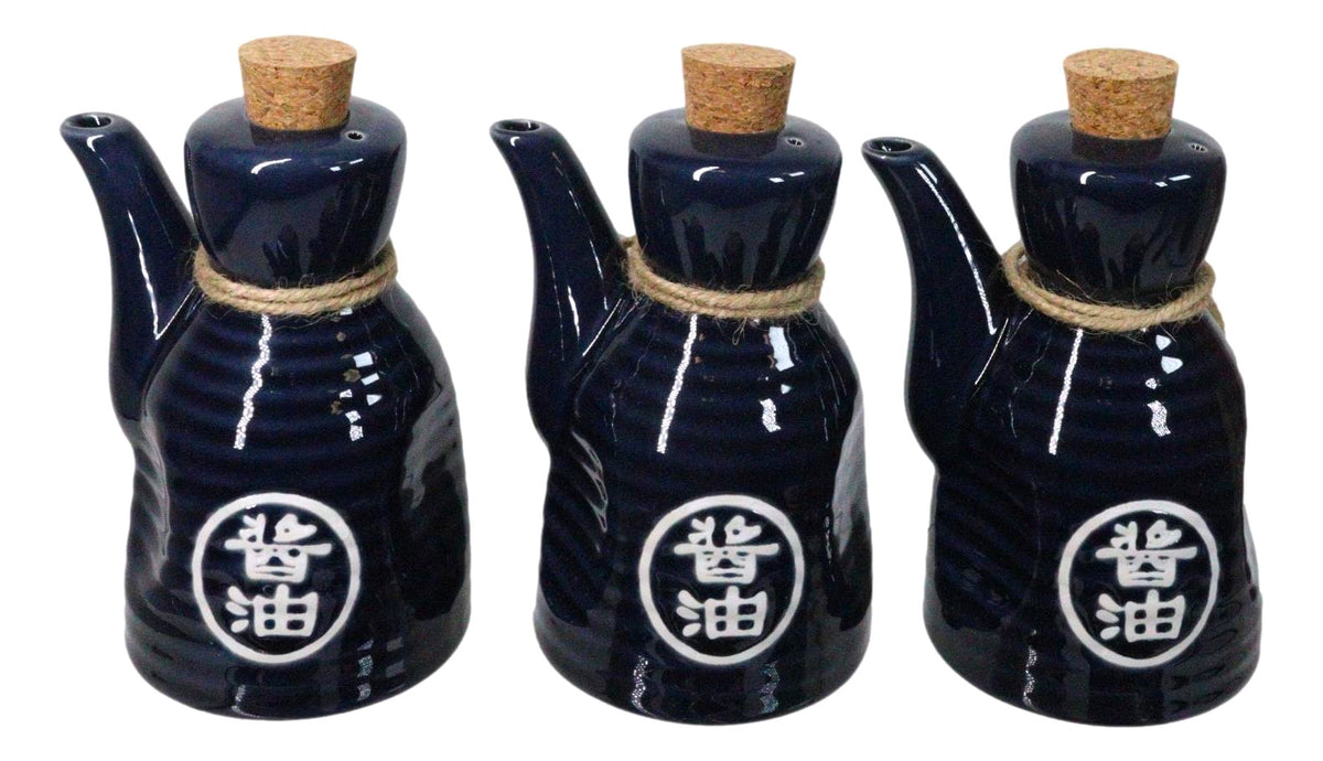 Set Of 6 Blue Japanese Calligraphy Shoyu Tenmoku Porcelain Soy Sauce Flask 7oz