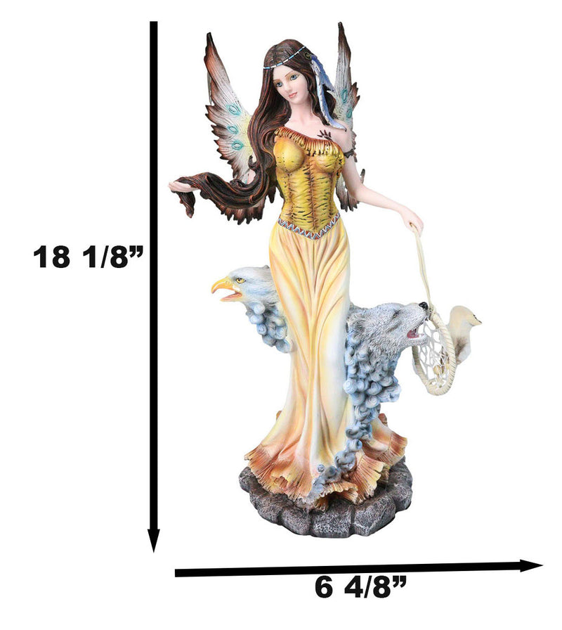 Large Tribal Native Indian Fairy Dreamcatcher with Eagle and Wolf Figurine 18"H