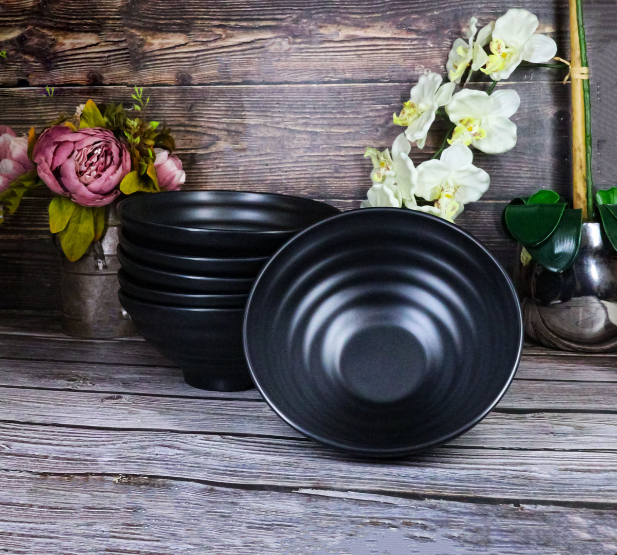 Pack Of 6 Contemporary Ridged Matte Black Melamine Round Ramen Soup Bowls 40oz