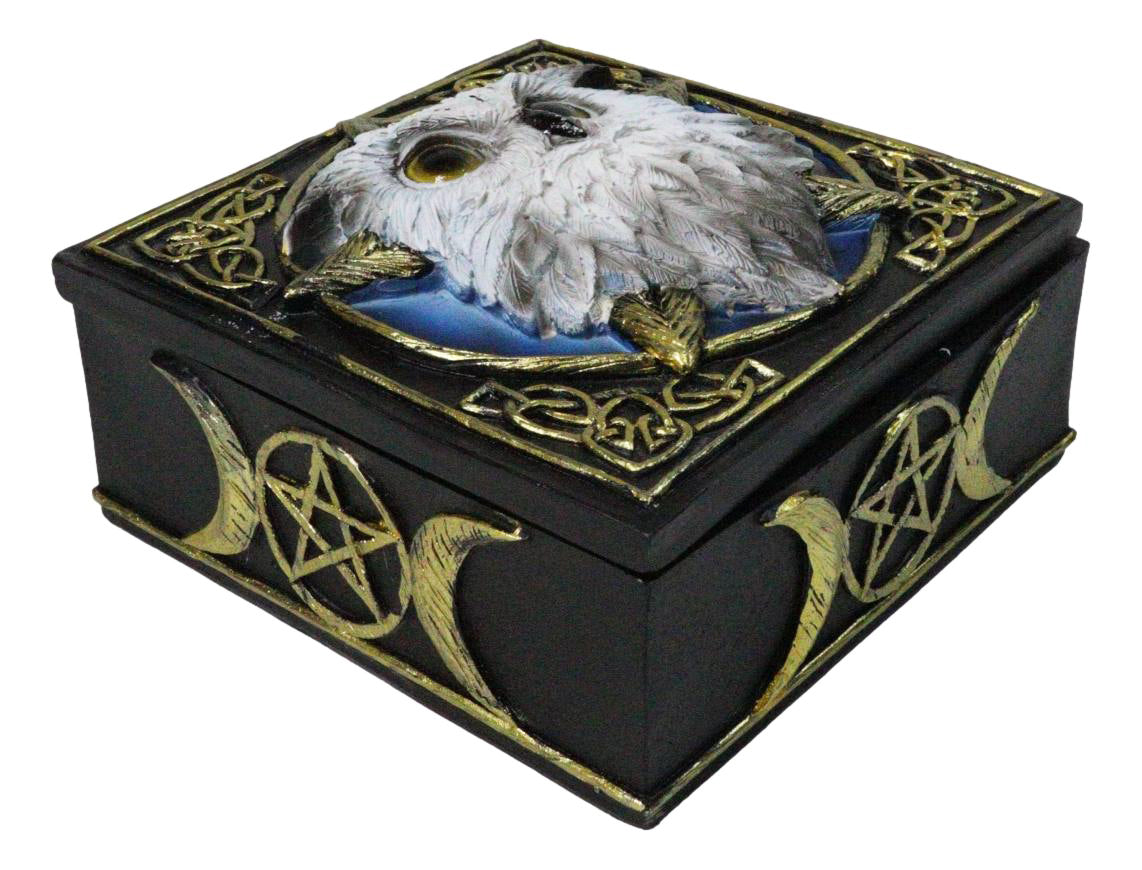 Snowy Owl Trinket Box, 5 x 5 Inch Decorative Keepsake Box with Celtic Knotwork