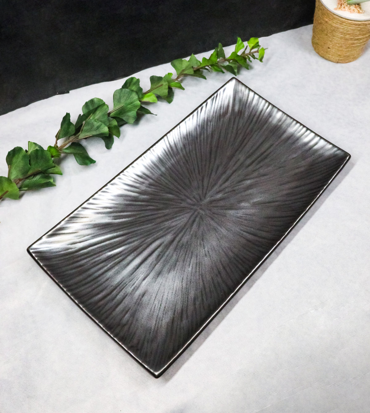 Pack Of 3 Black Tetsu Kesho Porcelain Long Rectangular Serving Platter 15"X8.5