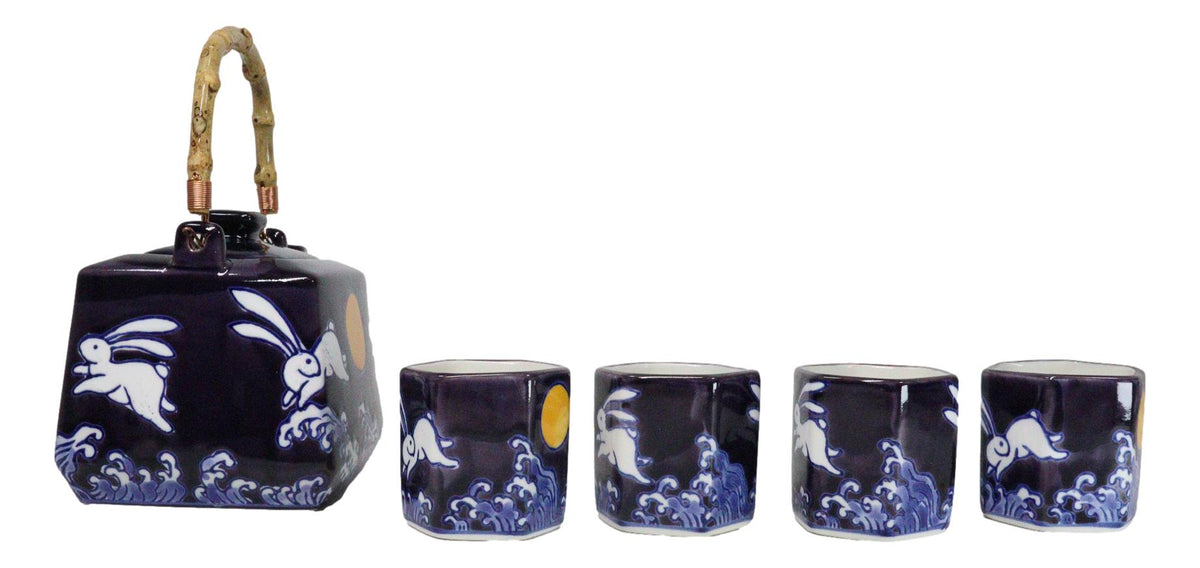 Purple Blue Night Moon White Rabbit Ceramic Hexagonal Teapot With 4 Tea Cups Set