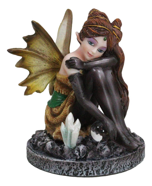 Kneeling Tribal Dressed Autumn Fall Elf Fairy with Crystal Ball Small Figurine - Ebros Gift