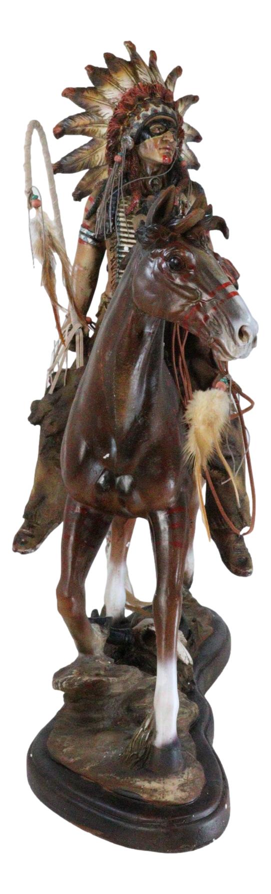 Large Indian Chief With Headdress Feathered Coup Staff Shield On Horse Statue