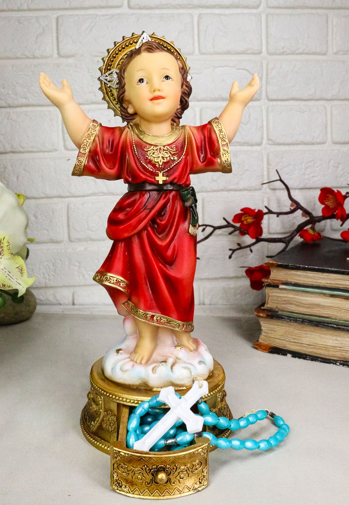 Catholic Santo Nino Divine Child Jesus Christ with Rosary Drawer Box Figurine - Ebros Gift