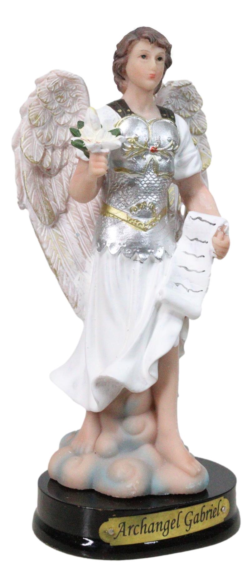 Catholic Archangel Saint Gabriel Holding Scroll And Lotus Figurine With Base 5"H - Ebros Gift