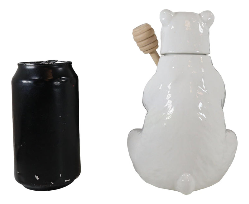 White Ceramic Forest Black Bear Wooden Bamboo Dipper Stick Honey Pot Jar Set