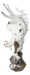 Winter Snowy Owl with Outsretched Wings on Snow-Covered Tree Stump Statue 14"H