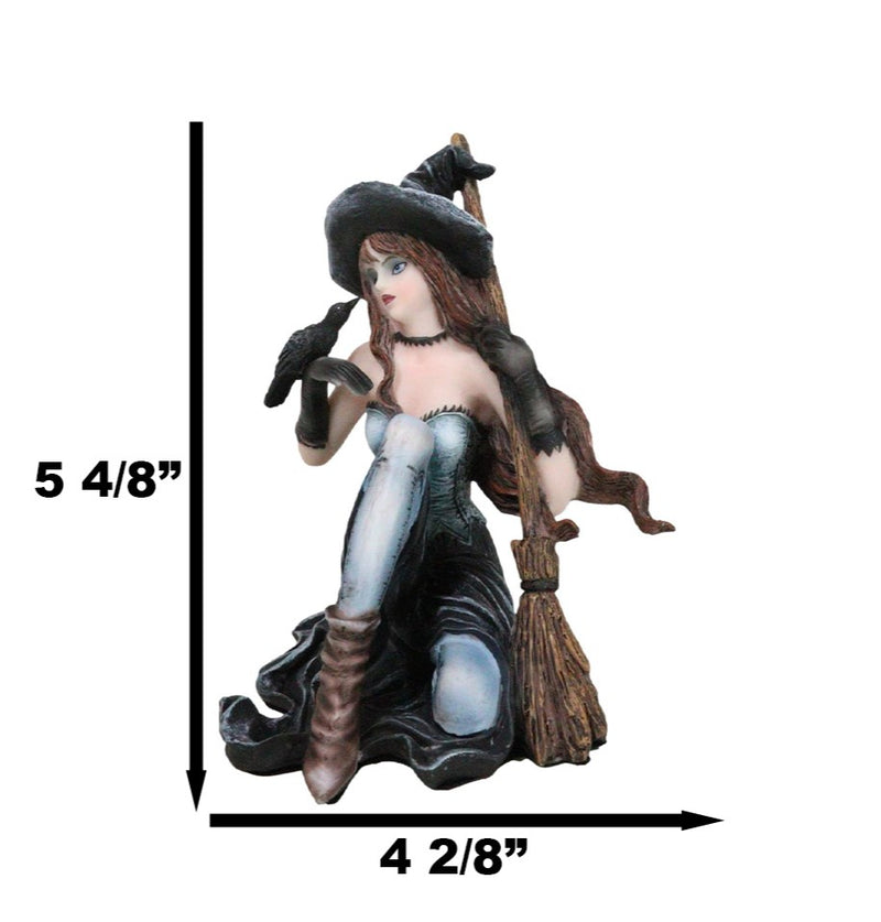 Gothic Black Witch Sorceress with Raven Crow and Magical Broomstick Figurine