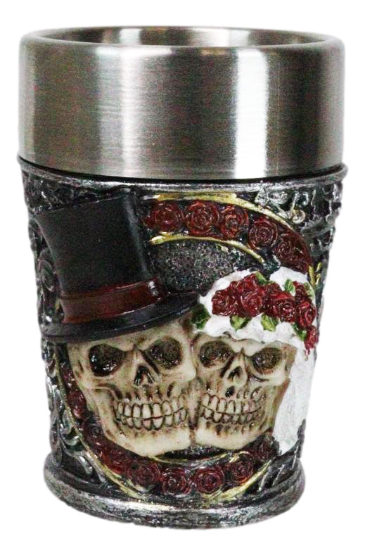 Pack of 4 Gothic Love Never Dies Skeleton Bride And Groom Shooter Shot Glasses - Ebros Gift
