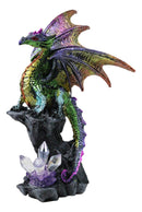 Iridescent Green Purple Dragon Perching On Cliff Rock with Crystals Figurine