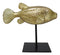 Nautical Marine Gold Tone Yellow Boxfish Fish Sculpture With Museum Pole Stand