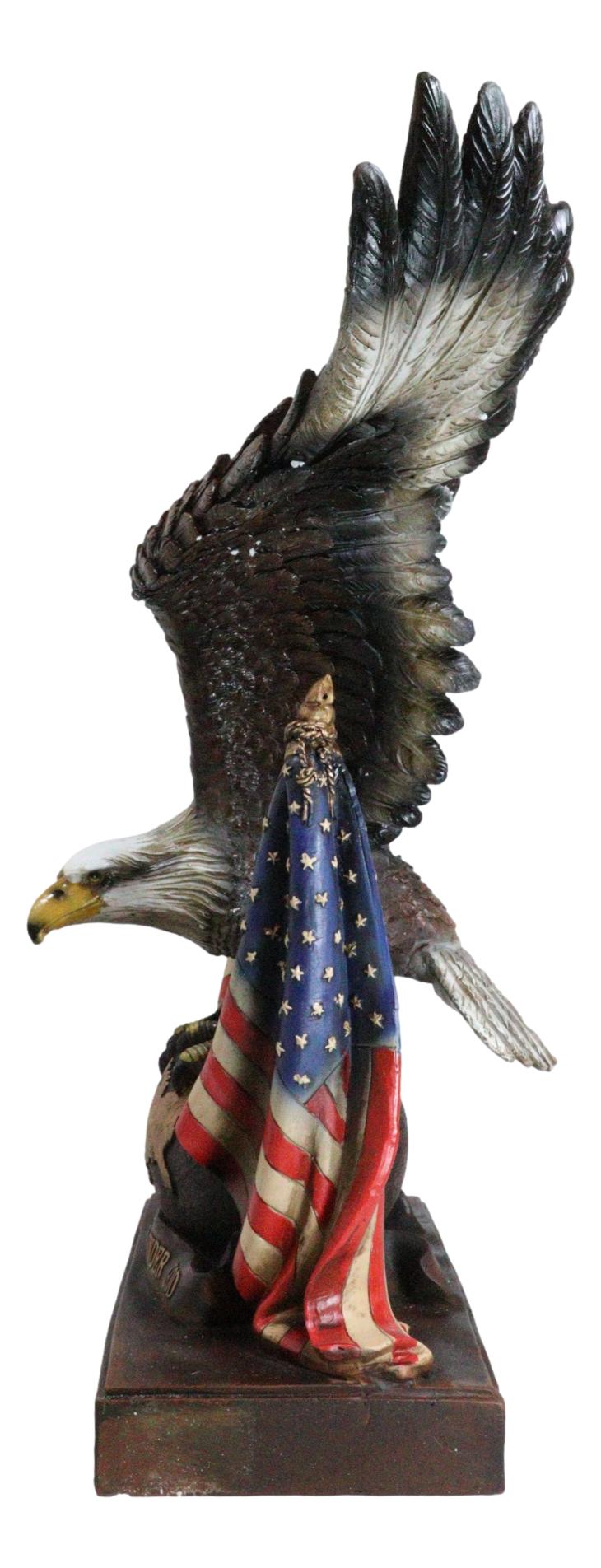 Large 20"H Bald Eagle On Globe With American Flags One Nation Under God Statue