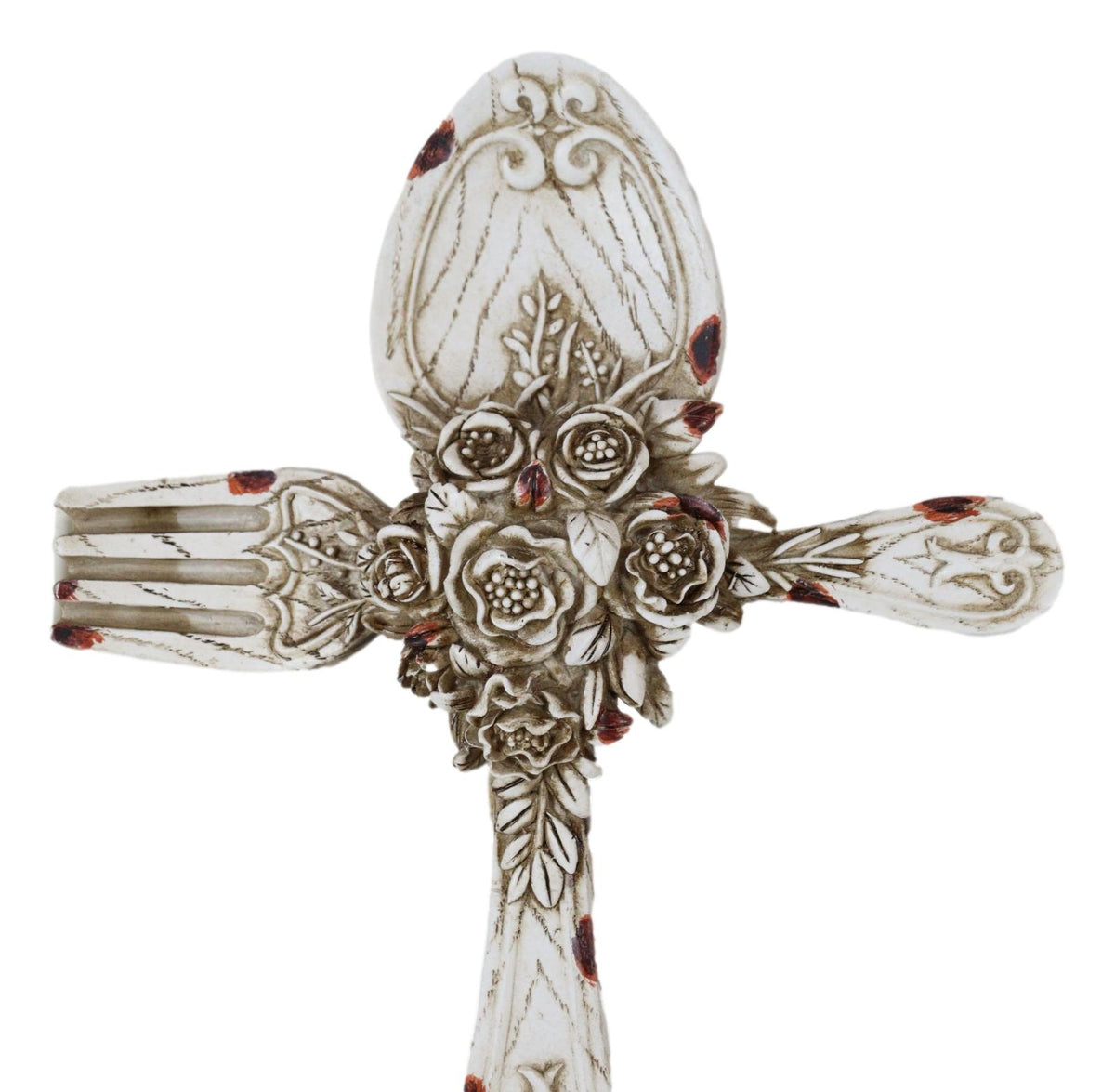 Rustic Vintage Faux Distressed Wood Spoon And Fork Tooled Flowers Wall Cross