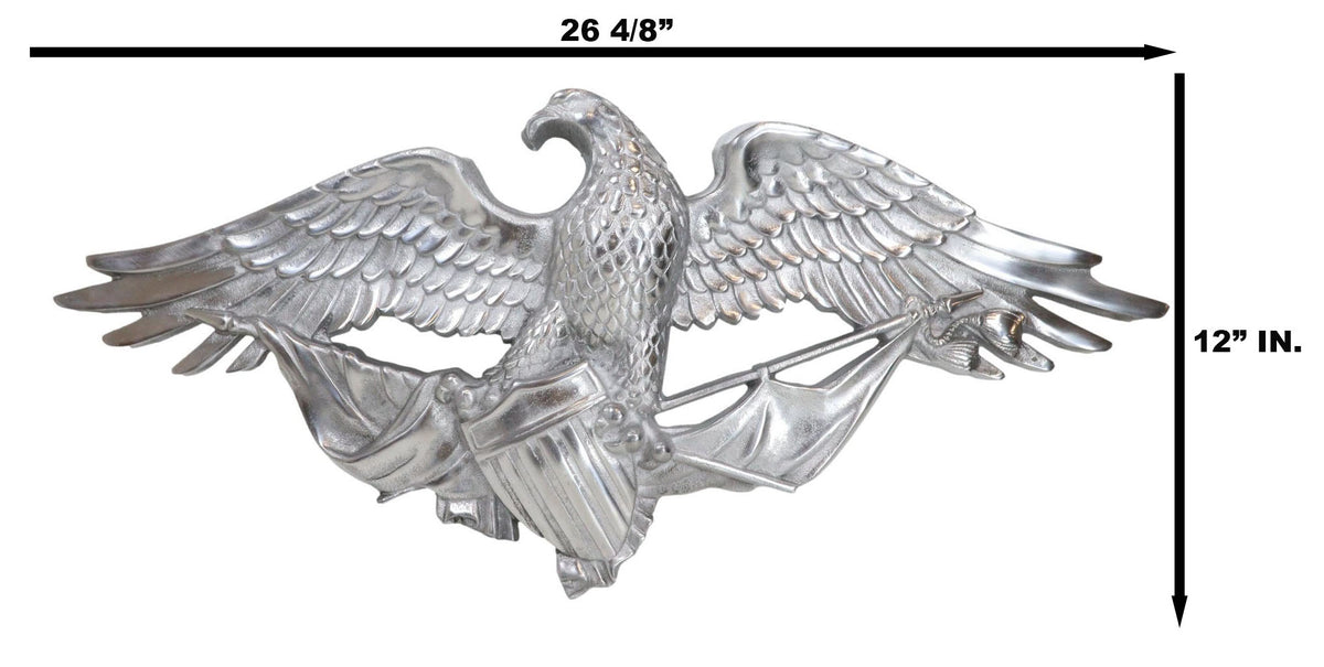 Large 26" Polished Aluminum Bald Eagle Clutching USA Flags And Crest Wall Decor