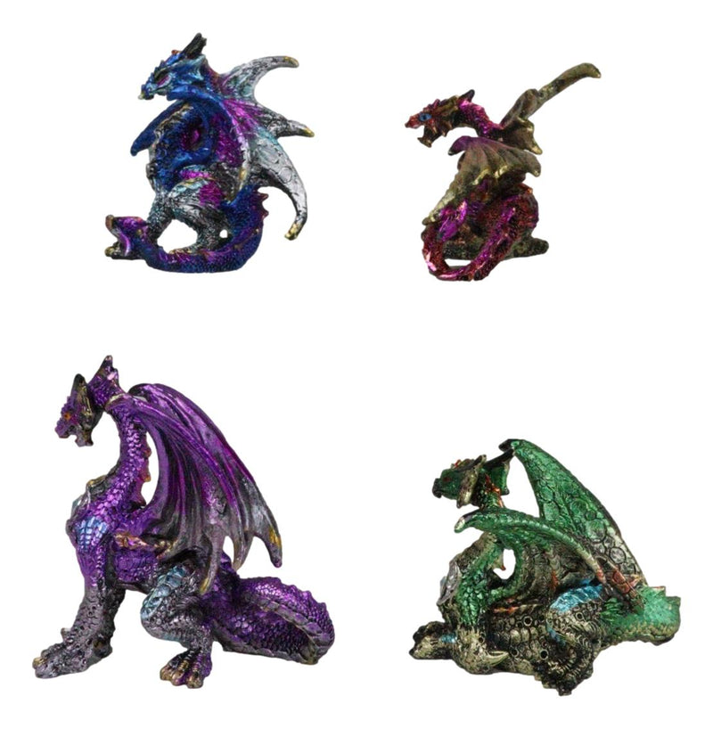 Set of 4 Colorful Metallic Elemental Dragons in Multiple Poses Mini Figurines