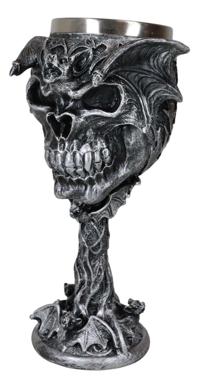 Gothic Vampire Bat Skull With Bats Cave Tower And Celtic Knotwork Wine Goblet