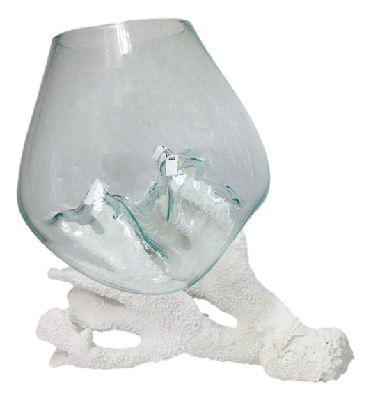 Marine Hand Made White Coral Polyps With Molten Glass Terrarium Bowl Large 15H"