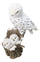 Snowy Owl Mother with Two Owlets Family Figurine on Snow-Covered Tree Stump