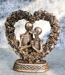 Love Never Dies Roses On Heart Wreath Kissing Skeleton Couple Bronzed Figurine