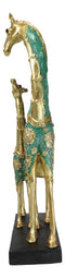 Large 15"H Safari Green Bejeweled Masai Giraffe With Calf On Black Base Figurine