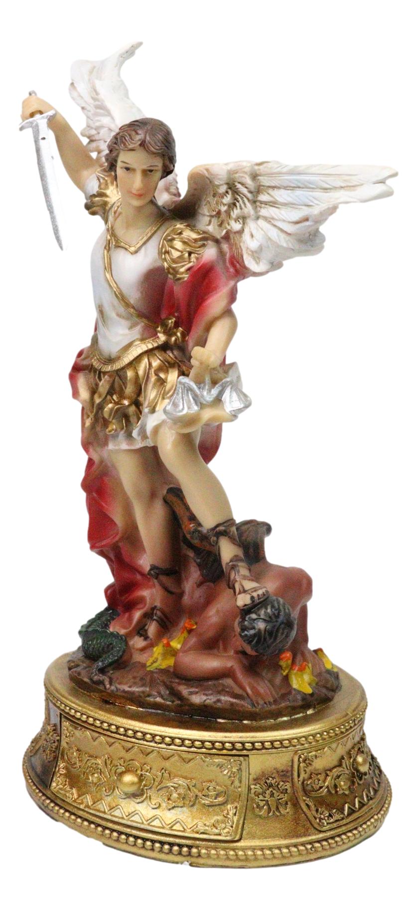 Archangel Saint Michael Trampling Satan Figurine With Rosary Drawer Box 9"H