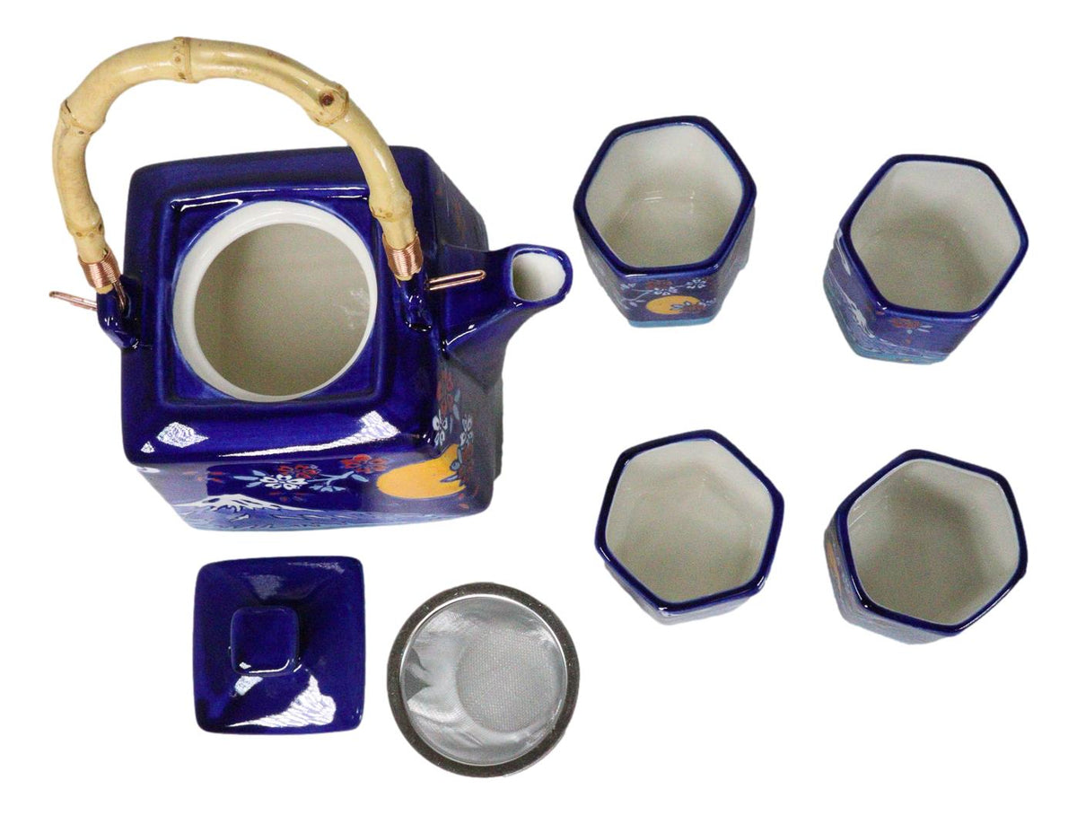 Blue Mount Fuji With Full Moon Ceramic Hexagonal Teapot With 4 Tea Cups Set