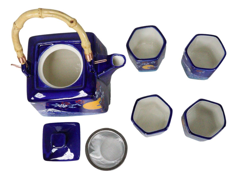 Blue Mount Fuji With Full Moon Ceramic Hexagonal Teapot With 4 Tea Cups Set