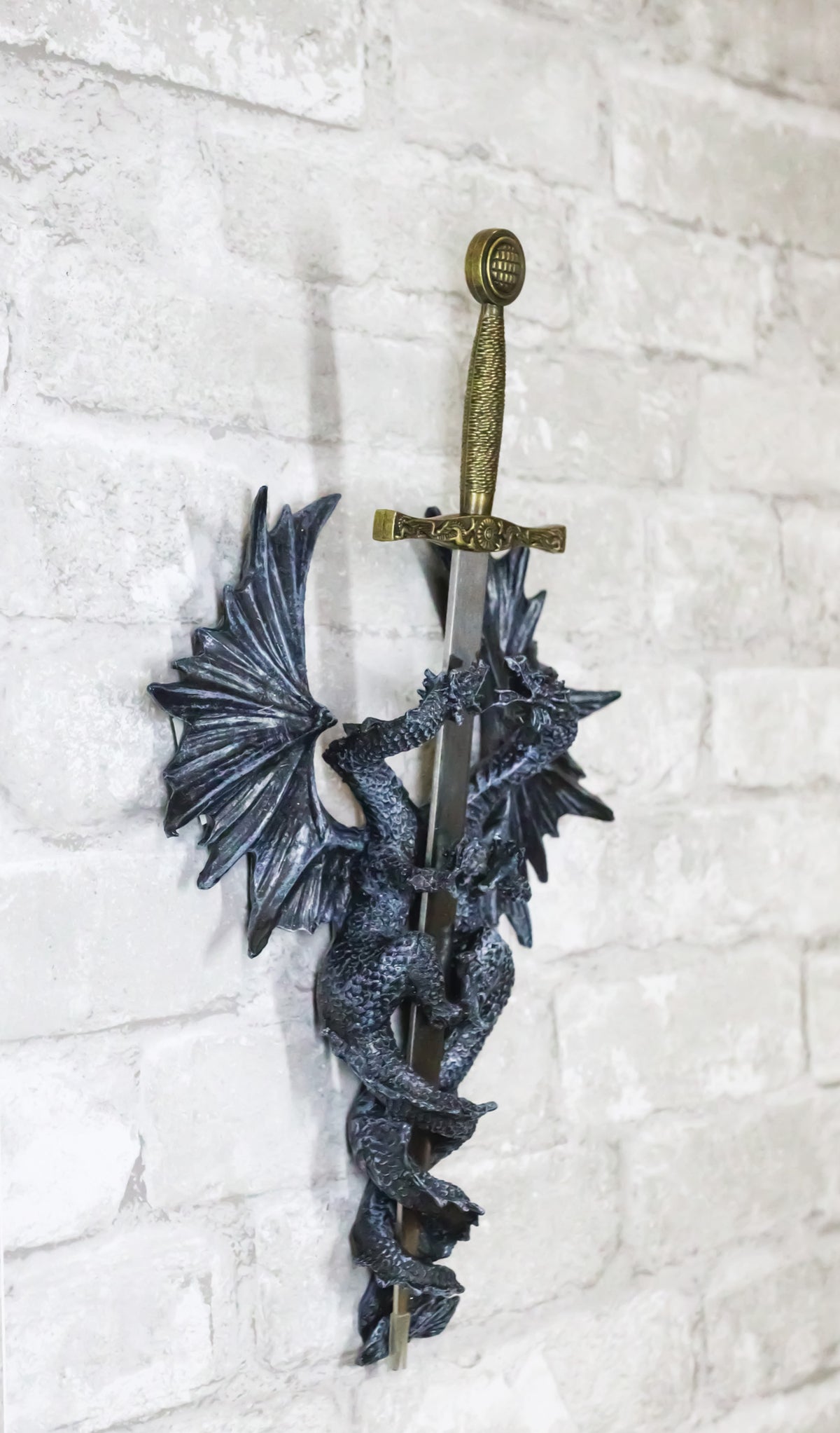 Gothic Fantasy Double Dragon Wall Decor Plaque With Medieval Sword 14" Tall