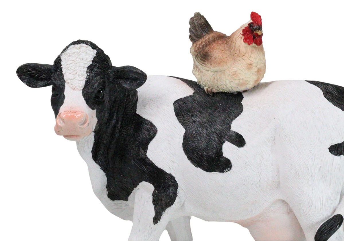 Western Country Rustic Farmhouse Holstein Cow With Hen Chicken Figurine
