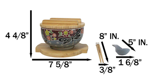 Maroon Tombo Dragonfly Donburi Ramen Bowl With Lid Trivet Spoon Chopsticks Set