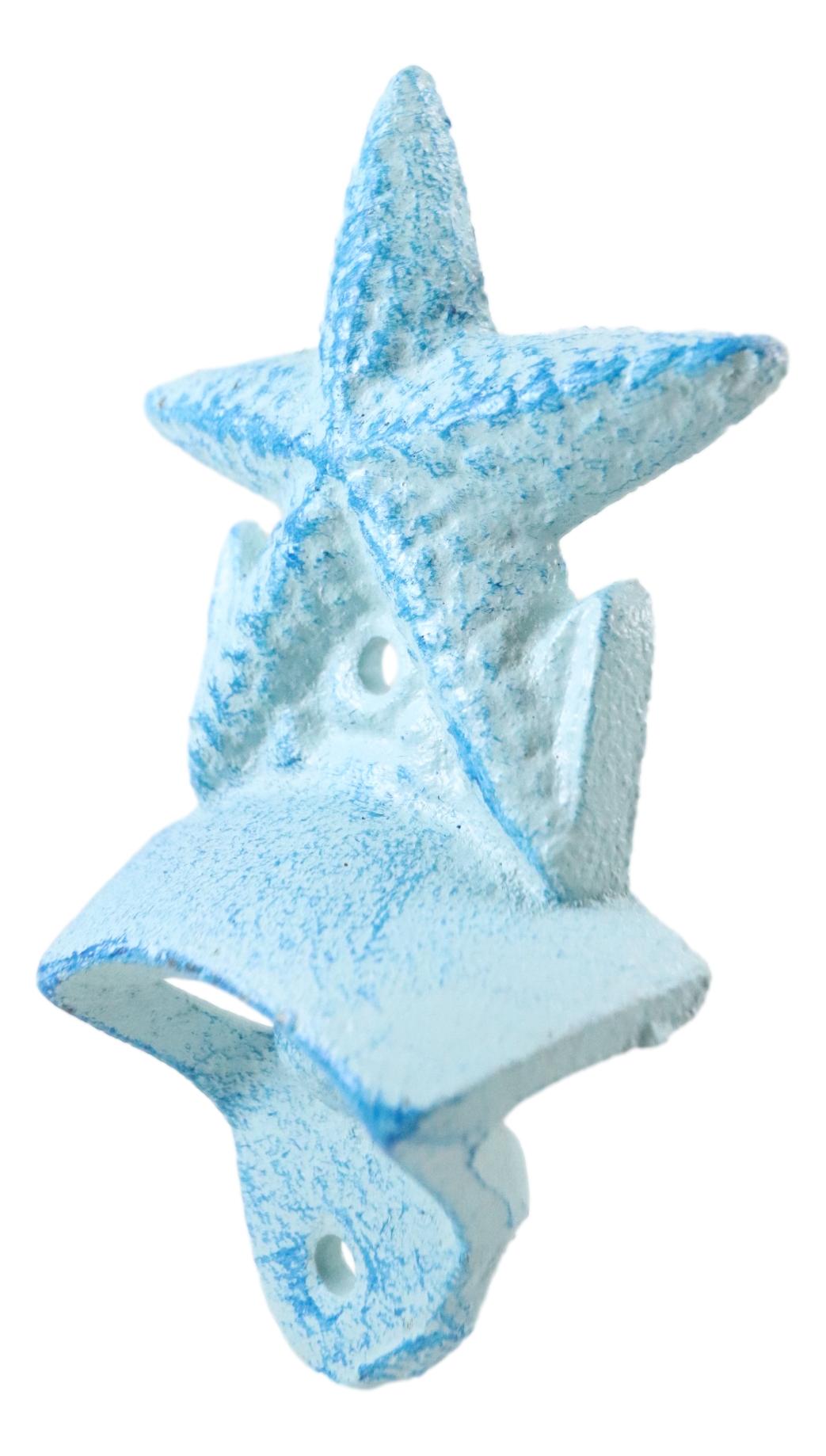 Set Of 2 Cast Iron Rustic Beach Blue Marine Sea Star Starfish Wall Bottle Opener
