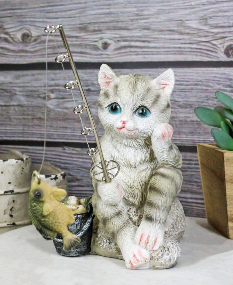 Lifelike Grey Tabby Cat Sitting by Pail of Fishes And Pole Fishing Figurine