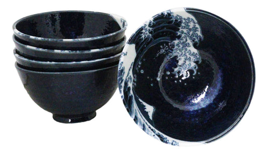 Set Of 5 Blue Japanese Hokusai Great Wave Porcelain Soup Rice Dessert Bowls 10oz