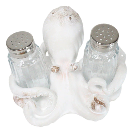 Antique White Nautical Marine Cephalopod Octopus Salt Pepper Shakers Holder Set